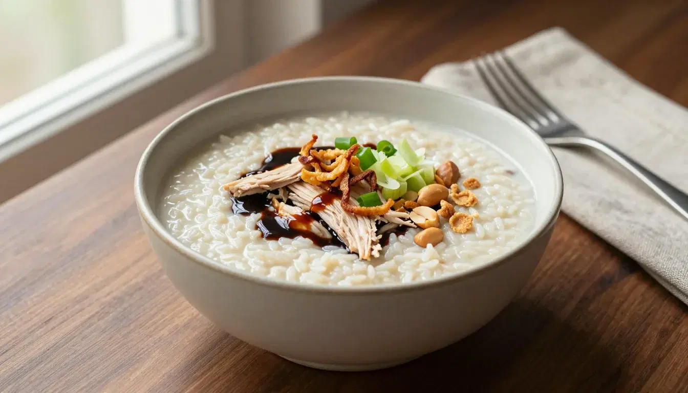 Bubur ayam (gachas de arroz con pollo)